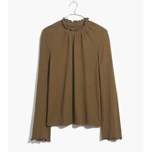 Madewell | Women's Small Long Sleeve Blouse | Olive Green | Ruffled Mockneck Top